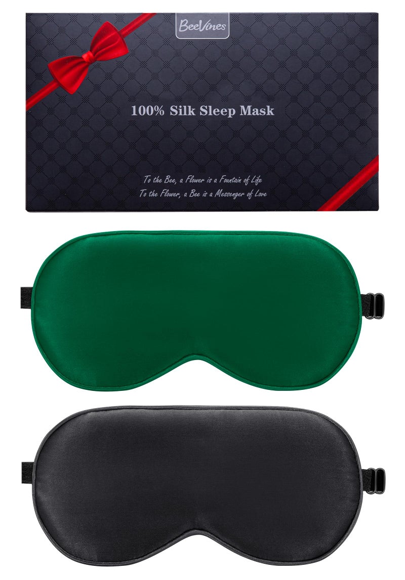 BeeVines Sleep Mask, 2 Pack 100% Real Natural Pure Silk Eye Masks with Adjustable Strap, Mulberry Silk Eye Shade Cover, Blocks Light Reduces Puffy Eyes Traveling Gifts (Black & Emerald Green)